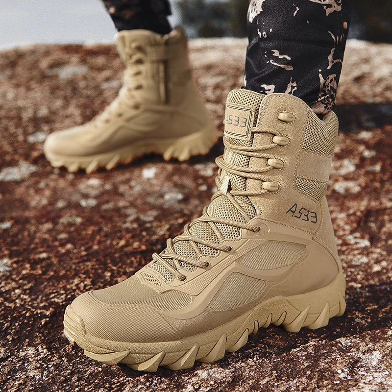 Bottes tactiques mi-mollet respirantes camouflage en cuir véritable pour l'alpinisme en extérieur, imperméables, semelle en caoutchouc